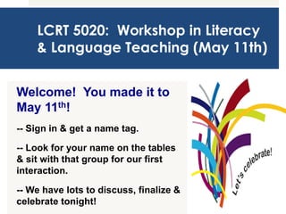 LCRT 5020: Workshop in Literacy
& Language Teaching (May 11th)
Welcome! You made it to
May 11th!
-- Sign in & get a name tag.
-- Look for your name on the tables
& sit with that group for our first
interaction.
-- We have lots to discuss, finalize &
celebrate tonight!
 