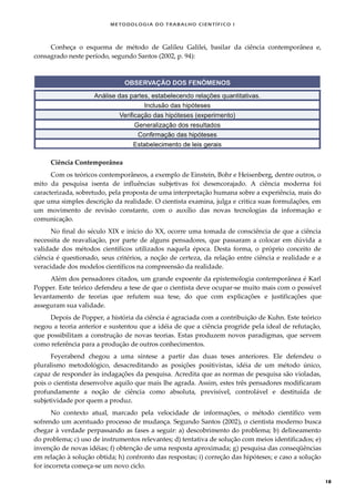 METODOLOGI A DO TRABALHO CI EN TÍFI CO I
18
Conheça o esquema de método de Galileu Galilei, basilar da ciência contemporânea e,
consagrado neste período, segundo Santos (2002, p. 94):
Ciência Contemporânea
Com os teóricos contemporâneos, a exemplo de Einstein, Bohr e Heisenberg, dentre outros, o
mito da pesquisa isenta de influências subjetivas foi desencorajado. A ciência moderna foi
caracterizada, sobretudo, pela proposta de uma interpretação humana sobre a experiência, mais do
que uma simples descrição da realidade. O cientista examina, julga e critica suas formulações, em
um movimento de revisão constante, com o auxílio das novas tecnologias da informação e
comunicação.
No final do século XIX e início do XX, ocorre uma tomada de consciência de que a ciência
necessita de reavaliação, por parte de alguns pensadores, que passaram a colocar em dúvida a
validade dos métodos científicos utilizados naquela época. Desta forma, o próprio conceito de
ciência é questionado, seus critérios, a noção de certeza, da relação entre ciência e realidade e a
veracidade dos modelos científicos na compreensão da realidade.
Além dos pensadores citados, um grande expoente da epistemologia contemporânea é Karl
Popper. Este teórico defendeu a tese de que o cientista deve ocupar-se muito mais com o possível
levantamento de teorias que refutem sua tese, do que com explicações e justificações que
asseguram sua validade.
Depois de Popper, a história da ciência é agraciada com a contribuição de Kuhn. Este teórico
negou a teoria anterior e sustentou que a idéia de que a ciência progride pela ideal de refutação,
que possibilitam a construção de novas teorias. Estas produzem novos paradigmas, que servem
como referência para a produção de outros conhecimentos.
Feyerabend chegou a uma síntese a partir das duas teses anteriores. Ele defendeu o
pluralismo metodológico, desacreditando as posições positivistas, idéia de um método único,
capaz de responder às indagações da pesquisa. Acredita que as normas de pesquisa são violadas,
pois o cientista desenvolve aquilo que mais lhe agrada. Assim, estes três pensadores modificaram
profundamente a noção de ciência como absoluta, previsível, controlável e destituída de
subjetividade por quem a produz.
No contexto atual, marcado pela velocidade de informações, o método científico vem
sofrendo um acentuado processo de mudança. Segundo Santos (2002), o cientista moderno busca
chegar à verdade perpassando as fases a seguir: a) descobrimento do problema; b) delineamento
do problema; c) uso de instrumentos relevantes; d) tentativa de solução com meios identificados; e)
invenção de novas idéias; f) obtenção de uma resposta aproximada; g) pesquisa das conseqüências
em relação à solução obtida; h) confronto das respostas; i) correção das hipóteses; e caso a solução
for incorreta começa-se um novo ciclo.
 