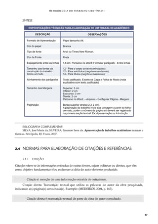 METODOLOGI A DO TRABALHO CI EN TÍFI CO I
47
SÍNTESE
BIBLIOGRAFIA COMPLEMENTAR
SILVA, José Maria da; SILVEIRA, Emerson Sena da. Apresentação de trabalhos acadêmicos: normas e
técnicas. Petrópolis, RJ: Vozes, 2007.
2.4 NORMAS PARA ELABORAÇÃO DE CITAÇÕES E REFERÊNCIAS
2.4.1 CITAÇÃO
Citação refere-se às informações retiradas de outras fontes, sejam indiretas ou diretas, que têm
como objetivo fundamentar e/ou esclarecer a idéia do autor do texto produzido.
Citação é: menção de uma informação extraída de outra fonte.
Citação direta: Transcrição textual que utiliza as palavras do autor da obra pesquisada,
indicando a(s) página(s) consultada(s). Exemplo: (MEDEIROS, 2001, p. 163).
Citação direta é: transcrição textual de parte da obra do autor consultado.
 