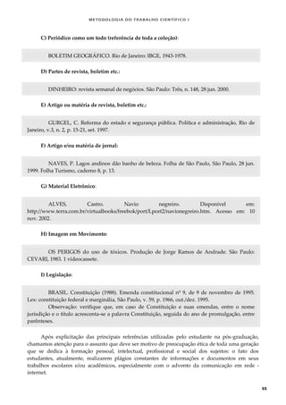 METODOLOGI A DO TRABALHO CI EN TÍFI CO I
55
C) Periódico como um todo (referência de toda a coleção):
BOLETIM GEOGRÁFICO. Rio de Janeiro: IBGE, 1943-1978.
D) Partes de revista, boletim etc.:
DINHEIRO: revista semanal de negócios. São Paulo: Três, n. 148, 28 jun. 2000.
E) Artigo ou matéria de revista, boletim etc.:
GURGEL, C. Reforma do estado e segurança pública. Política e administração, Rio de
Janeiro, v.3, n. 2, p. 15-21, set. 1997.
F) Artigo e/ou matéria de jornal:
NAVES, P. Lagos andinos dão banho de beleza. Folha de São Paulo, São Paulo, 28 jun.
1999. Folha Turismo, caderno 8, p. 13.
G) Material Eletrônico:
ALVES, Castro. Navio negreiro. Disponível em:
http://www.terra.com.br/virtualbooks/freebok/port/Lport2/navionegreiro.htm. Acesso em: 10
nov. 2002.
H) Imagem em Movimento:
OS PERIGOS do uso de tóxicos. Produção de Jorge Ramos de Andrade. São Paulo:
CEVARI, 1983. 1 videocassete.
I) Legislação:
BRASIL. Constituição (1988). Emenda constitucional nº 9, de 9 de novembro de 1995.
Lex: constituição federal e marginália, São Paulo, v. 59, p. 1966, out./dez. 1995.
Observação: verifique que, em caso de Constituição e suas emendas, entre o nome
jurisdição e o título acrescenta-se a palavra Constituição, seguida do ano de promulgação, entre
parênteses.
Após explicitação das principais referências utilizadas pelo estudante na pós-graduação,
chamamos atenção para o assunto que deve ser motivo de preocupação ética de toda uma geração
que se dedica à formação pessoal, intelectual, profissional e social dos sujeitos: o fato dos
estudantes, atualmente, realizarem plágios constantes de informações e documentos em seus
trabalhos escolares e/ou acadêmicos, especialmente com o advento da comunicação em rede -
internet.
 