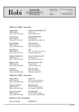 Robi
Artwork
CAD Layout EDA
PCB Design Bureau
Robi Artwork
59 Jamaica Drive
Phone
@email
QLD 4508 Deception Bay
Australia
int. +61 (0) 432 086 675
robi@robiartwork.com
ADVB.DOC
Referees; QLD - Australia
Adrian Ball Perkins Technologies P/L
R&D Engineer 8 Adnar St.
Phone: (07) 3420 3449 Wishart Qld 4122
Chris Sloane IPS INVENSYS P/L
R&D Engineer 10 Brandl St.
Phone: (07) 3340 2111 Eight Mile Plains Qld 4113
Kevin Walker NLT Australia
R&D Engineer 22-26 Cessna Drive
Phone: (07) 5495 2944 Caboolture Qld 4510
Matt Hurley AIT
R&D Engineer Unit 12, 18-20 Cessna Drive
Phone: (07) 3139 1331 Caboolture Qld 4510
Rodney Gullickson Leica Geo Systems P/L
R&D Engineer 977 Stanley St.
Phone: (07) 3240 1922 East Brisbane Qld 4169
Roger Crofts Monitor Sensors P/L
R&D Engineer Cessna Drive
Phone: (07) 3490 9000 Caboolture Qld 4510
TJ Botha NLT Australia
R&D Manager 22-26 Cessna Drive
Phone: (07) 5495 2966 Caboolture Qld 4510
Referees; NSW - Australia
Chris Alfred Smart AV
R&D Engineer 38/13 Avenue of America
Phone: (02) 9648 6766 Newington NSW 2127
Norman Jackson MetaChip P/L
R&D Engineer G3 28 Chandos Street
Phone: (02) 9436 2955 St Leonards NSW 2065
Rajieev Garnish Fairlight ESP
R&D Engineer Unit 2, 1 Skyline Place
Phone: (02) 8977 9999 Frenchs Forest NSW 2086
Referees; SA - Australia
Steven Jenkins CODAN Ltd
 