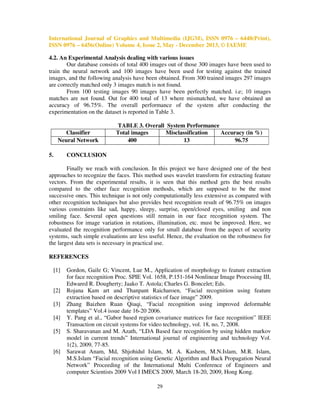 International Journal of Graphics and Multimedia (IJGM), ISSN 0976 – 6448(Print),
ISSN 0976 – 6456(Online) Volume 4, Issue 2, May - December 2013, © IAEME
4.2. An Experimental Analysis dealing with various issues
Our database consists of total 400 images out of those 300 images have been used to
train the neural network and 100 images have been used for testing against the trained
images, and the following analysis have been obtained. From 300 trained images 297 images
are correctly matched only 3 images match is not found.
From 100 testing images 90 images have been perfectly matched. i.e; 10 images
matches are not found. Out for 400 total of 13 where mismatched, we have obtained an
accuracy of 96.75%. The overall performance of the system after conducting the
experimentation on the dataset is reported in Table 3.

Classifier
Neural Network
5.

TABLE 3. Overall System Performance
Total images
Misclassification
Accuracy (in %)
400
13
96.75

CONCLUSION

Finally we reach with conclusion. In this project we have designed one of the best
approaches to recognize the faces. This method uses wavelet transform for extracting feature
vectors. From the experimental results, it is seen that this method gets the best results
compared to the other face recognition methods, which are supposed to be the most
successive ones. This technique is not only computationally less extensive as compared with
other recognition techniques but also provides best recognition result of 96.75% on images
various constraints like sad, happy, sleepy, surprise, open/closed eyes, smiling and non
smiling face. Several open questions still remain in our face recognition system. The
robustness for image variation in rotations, illumination, etc. must be improved. Here, we
evaluated the recognition performance only for small database from the aspect of security
systems, such simple evaluations are less useful. Hence, the evaluation on the robustness for
the largest data sets is necessary in practical use.
REFERENCES
[1]

[2]
[3]
[4]
[5]

[6]

Gordon, Gaile G; Vincent, Lue M., Application of morphology to feature extraction
for face recognition Proc. SPIE Vol. 1658, P.151-164 Nonlinear Image Processing III,
Edwared R. Dougherty; Jaako T. Astola; Charles G. Boncelet; Eds.
Rojana Kam art and Thanpant Raicharoen, “Facial recognition using feature
extraction based on descriptive statistics of face image” 2009.
Zhang Baizhen Ruan Qiuqi, “Facial recognition using improved deformable
templates” Vol.4 issue date 16-20 2006.
Y. Pang et al., “Gabor based region covariance matrices for face recognition” IEEE
Transaction on circuit systems for video technology, vol. 18, no, 7, 2008.
S. Sharavanan and M. Azath, “LDA Based face recognition by using hidden markov
model in current trends” International journal of engineering and technology Vol.
1(2), 2009, 77-85.
Sarawat Anam, Md, Shjohidul Islam, M. A. Kashem, M.N.Islam, M.R. Islam,
M.S.Islam “Facial recognition using Genetic Algorithm and Back Propagation Neural
Network” Proceeding of the International Multi Conference of Engineers and
computer Scientists 2009 Vol I IMECS 2009, March 18-20, 2009, Hong Kong.
29

 