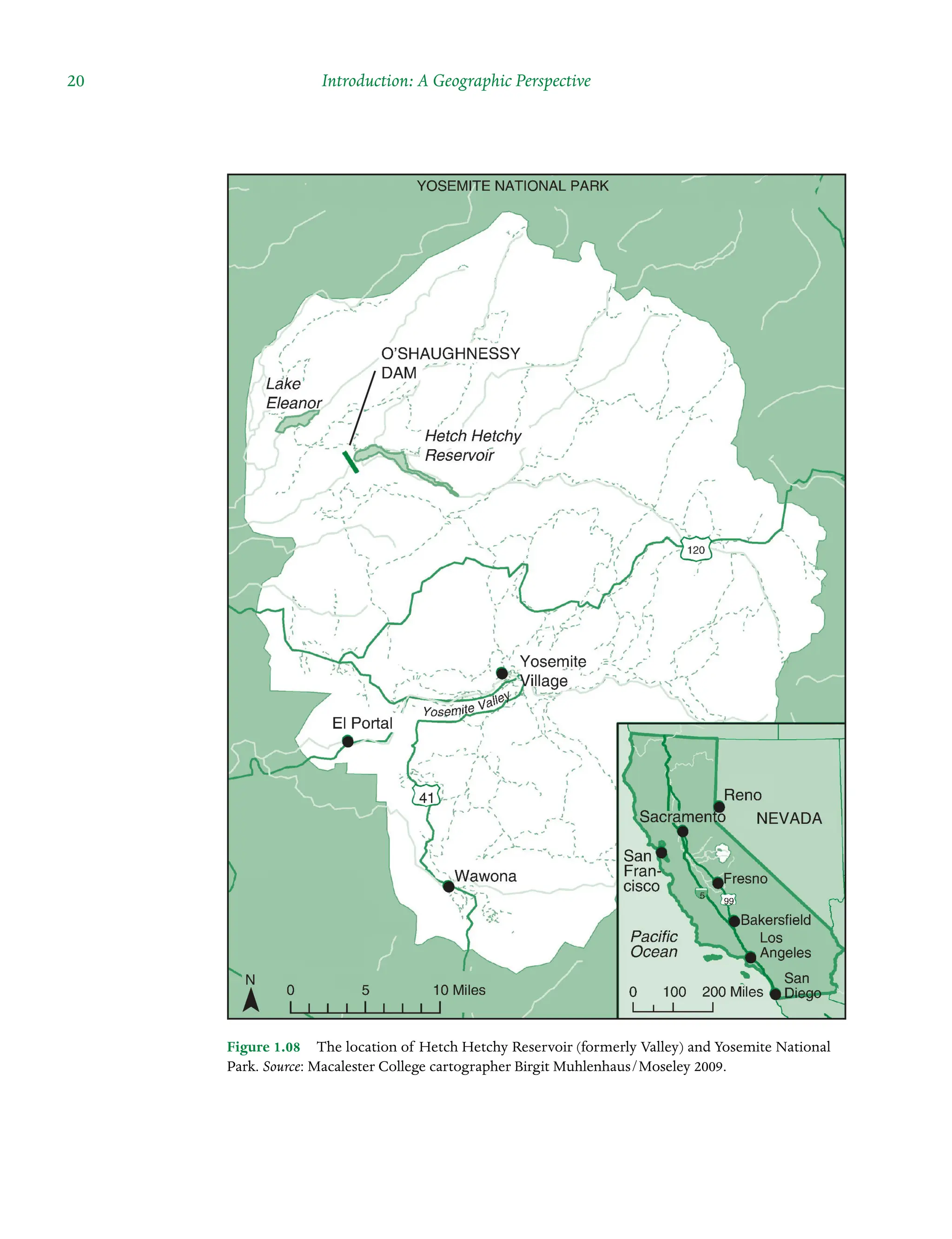 20 Introduction: A Geographic Perspective
Figure 1.08â•… The location of Hetch Hetchy Reservoir (formerly Valley) and Yosemite National
Park. Source: Macalester College cartographer Birgit Muhlenhaus/Moseley 2009.
 
