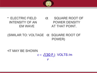 • ELECTRIC FIELD α SQUARE ROOT OF
INTENSITY OF AN POWER DENSITY
EM WAVE AT THAT POINT.
(SIMILAR TO: VOLTAGE α SQUARE ROOT OF
POWER)
•IT MAY BE SHOWN
ε = √(30 Pt
) VOLTS /m
r
 