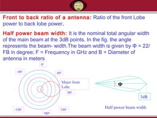 Front to back ratio of a antenna: Ratio of the front Lobe
power to back lobe power.
Half power beam width: It is the nominal total angular width
of the main beam at the 3dB points. In the fig. the angle
represents the beam- width.The beam width is given by Φ = 22/
FB in degree; F = Frequency in GHz and B = Diameter of
antenna in meters
900
1800
-450
1350
-1350
450
00
Major front
Lobe
3dB
Φ
Half power beam width
 