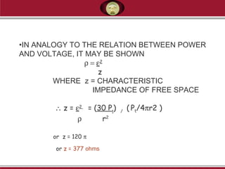 •IN ANALOGY TO THE RELATION BETWEEN POWER
AND VOLTAGE, IT MAY BE SHOWN
ρ = ε2
z
WHERE z = CHARACTERISTIC
IMPEDANCE OF FREE SPACE
∴ z = ε2
= (30 Pt
) /
( Pt/4πr2 )
ρ r2
 
or z = 120 π
or z = 377 ohms
 