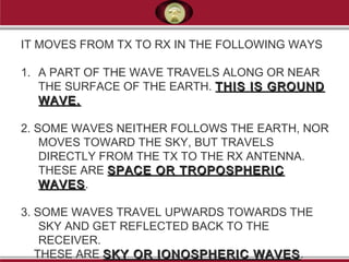 IT MOVES FROM TX TO RX IN THE FOLLOWING WAYS
1. A PART OF THE WAVE TRAVELS ALONG OR NEAR
THE SURFACE OF THE EARTH. THIS IS GROUNDTHIS IS GROUND
WAVE.WAVE.
2. SOME WAVES NEITHER FOLLOWS THE EARTH, NOR
MOVES TOWARD THE SKY, BUT TRAVELS
DIRECTLY FROM THE TX TO THE RX ANTENNA.
THESE ARE SPACE OR TROPOSPHERICSPACE OR TROPOSPHERIC
WAVESWAVES.
3. SOME WAVES TRAVEL UPWARDS TOWARDS THE
SKY AND GET REFLECTED BACK TO THE
RECEIVER.
THESE ARE SKY OR IONOSPHERIC WAVESSKY OR IONOSPHERIC WAVES.
 