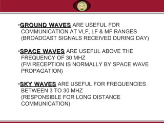 •GROUND WAVESGROUND WAVES ARE USEFUL FOR
COMMUNICATION AT VLF, LF & MF RANGES
(BROADCAST SIGNALS RECEIVED DURING DAY)
•SPACE WAVESSPACE WAVES ARE USEFUL ABOVE THE
FREQUENCY OF 30 MHZ
(FM RECEPTION IS NORMALLY BY SPACE WAVE
PROPAGATION)
•SKY WAVESSKY WAVES ARE USEFUL FOR FREQUENCIES
BETWEEN 3 TO 30 MHZ
(RESPONSIBLE FOR LONG DISTANCE
COMMUNICATION)
 