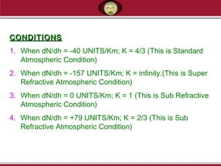 CONDITIONSCONDITIONS
1. When dN/dh = -40 UNITS/Km; K = 4/3 (This is Standard
Atmospheric Condition)
2. When dN/dh = -157 UNITS/Km; K = infinity.(This is Super
Refractive Atmospheric Condition)
3. When dN/dh = 0 UNITS/Km; K = 1 (This is Sub Refractive
Atmospheric Condition)
4. When dN/dh = +79 UNITS/Km; K = 2/3 (This is Sub
Refractive Atmospheric Condition)
 