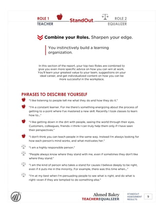 ROLE 1
TEACHER
ROLE 2
EQUALIZER
In this section of the report, your top two Roles are combined to
give you even more specific advice on how you can win at work.
You'll learn your greatest value to your team, suggestions on your
ideal career, and get individualized content on how you can be
more successful in the workplace.
Combine your Roles. Sharpen your edge.
You instinctively build a learning
organization.
PHRASES TO DESCRIBE YOURSELF
"I like listening to people tell me what they do and how they do it."
"I'm a constant learner. For me there's something energizing about the process of
getting to a point where I've mastered a new skill. Recently I took classes to learn
how to..."
"I like getting down in the dirt with people, seeing the world through their eyes.
Customers, colleagues, friends--I think I can truly help them only if I have seen
their perspectives."
"I don't think you can teach people in the same way. Instead I'm always looking for
how each person's mind works, and what motivates her."
"I am a highly responsible person."
"People always know where they stand with me, even if sometimes they don't like
where they stand."
"I am the kind of person who takes a stand for causes I believe deeply to be right,
even if it puts me in the minority. For example, there was this time when..."
"I'm at my best when I'm persuading people to see what is right, and do what is
right--even if they are tempted to do something else."
STANDOUT
ASSESSMENT
RESULTS
Ahmed Bakry
TEACHEREQUALIZER
9
 