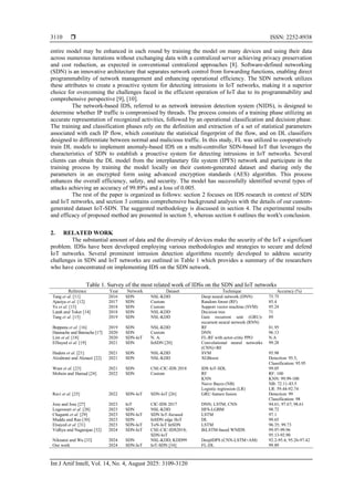 ISSN: 2252-8938
Int J Artif Intell, Vol. 14, No. 4, August 2025: 3109-3120
3110
entire model may be enhanced in each round by training the model on many devices and using their data
across numerous iterations without exchanging data with a centralized server achieving privacy preservation
and cost reduction, as expected in conventional centralized approaches [8]. Software-defined networking
(SDN) is an innovative architecture that separates network control from forwarding functions, enabling direct
programmability of network management and enhancing operational efficiency. The SDN network utilizes
these attributes to create a proactive system for detecting intrusions in IoT networks, making it a superior
choice for overcoming the challenges faced in the efficient operation of IoT due to its programmability and
comprehensive perspective [9], [10].
The network-based IDS, referred to as network intrusion detection system (NIDS), is designed to
determine whether IP traffic is compromised by threads. The process consists of a training phase utilizing an
accurate representation of recognized activities, followed by an operational classification and decision phase.
The training and classification phases rely on the definition and extraction of a set of statistical parameters
associated with each IP flow, which constitute the statistical fingerprint of the flow, and on DL classifiers
designed to differentiate between normal and malicious traffic. In this study, FL was utilized to cooperatively
train DL models to implement anomaly-based IDS on a multi-controller SDN-based IoT that leverages the
characteristics of SDN to establish a proactive system for detecting intrusions in IoT networks. Several
clients can obtain the DL model from the interplanetary file system (IPFS) network and participate in the
training process by training the model locally on their custom-generated dataset and sharing only the
parameters in an encrypted form using advanced encryption standards (AES) algorithm. This process
enhances the overall efficiency, safety, and security. The model has successfully identified several types of
attacks achieving an accuracy of 99.89% and a loss of 0.005.
The rest of the paper is organized as follows: section 2 focuses on IDS research in context of SDN
and IoT networks, and section 3 contains comprehensive background analysis with the details of our custom-
generated dataset IoT-SDN. The suggested methodology is discussed in section 4. The experimental results
and efficacy of proposed method are presented in section 5, whereas section 6 outlines the work's conclusion.
2. RELATED WORK
The substantial amount of data and the diversity of devices make the security of the IoT a significant
problem. IDSs have been developed employing various methodologies and strategies to secure and defend
IoT networks. Several prominent intrusion detection algorithms recently developed to address security
challenges in SDN and IoT networks are outlined in Table 1 which provides a summary of the researchers
who have concentrated on implementing IDS on the SDN network.
Table 1. Survey of the most related work of IDSs on the SDN and IoT networks
Reference Year Network Dataset Technique Accuracy (%)
Tang et al. [11] 2016 SDN NSL-KDD Deep neural network (DNN) 75.75
Ajaeiya et al. [12] 2017 SDN Custom Random forest (RF) 85.4
Ye et al. [13] 2018 SDN Custom Support vector machine (SVM) 95.24
Latah and Toker [14] 2018 SDN NSL-KDD Decision tree 71
Tang et al. [15] 2019 SDN NSL-KDD Gate recurrent unit (GRU)-
recurrent neural network (RNN)
89
Boppana et al. [16] 2019 SDN NSL-KDD RF 81.95
Hannache and Batouche [17] 2020 SDN Custom DNN 96.13
Lim et al. [18] 2020 SDN-IoT N. A. FL-RF with actor-critic PPO N.A
ElSayed et al. [19] 2021 SDN InSDN [20] Convolutional neural networks
(CNN)+RF
99.28
Hadem et al. [21] 2021 SDN NSL-KDD SVM 95.98
Alzahrani and Alenazi [22] 2021 SDN NSL-KDD XGBoost Detection: 95.5,
Classification: 95.95
Wani et al. [23] 2021 SDN CSE-CIC-IDS 2018 IDS IoT-SDL 99.05
Mohsin and Hamad [24] 2022 SDN Custom RF
KNN
Naive Bayes (NB)
Logistic regression (LR)
RF: 100
KNN: 99.99-100
NB: 72.11-83.5
LR: 59.44-92.74
Ravi et al. [25] 2022 SDN-IoT SDN-IoT [26] GRU feature fusion Detection: 99
Classification: 98
Jose and Jose [27] 2023 IoT CIC-IDS 2017 DNN; LSTM; CNN 94.61; 97.67; 98.61
Logeswari et al. [28] 2023 SDN NSL-KDD HFS-LGBM 98.72
Chaganti et al. [29] 2023 SDN-IoT SDN IoT-focused LSTM 97.1
Maddu and Rao [30] 2023 SDN InSDN edge IIoT DL 99.65
Elsayed et al. [31] 2023 SDN-IoT ToN-IoT InSDN LSTM 96.35; 99.73
Vidhya and Nagarajan [32] 2024 SDN-IoT CSE-CIC-IDS2018;
SDN-IoT
BiLSTM-based WNIDS 99.97-99.96
95.13-92.90
Niknami and Wu [33] 2024 SDN NSL-KDD; KDD99 DeepIDPS (CNN-LSTM+AM) 92.2-95.4; 95.26-97.42
Our work 2024 SDN-IoT IoT-SDN [34] FL-DL 99.89
 