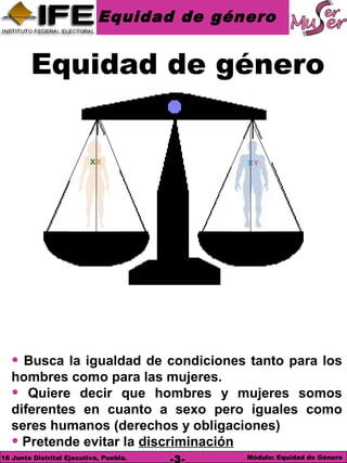 Equidad de género
Módulo: Equidad de Género16 Junta Distrital Ejecutiva, Puebla. -3-
• Busca la igualdad de condiciones tanto para los
hombres como para las mujeres.
• Quiere decir que hombres y mujeres somos
diferentes en cuanto a sexo pero iguales como
seres humanos (derechos y obligaciones)
• Pretende evitar la discriminación
Equidad de género
 