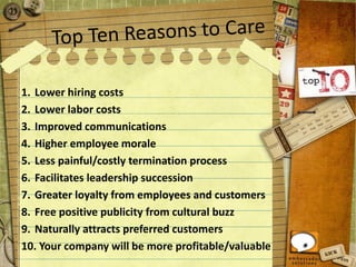 1. Lower hiring costs
2. Lower labor costs
3. Improved communications
4. Higher employee morale
5. Less painful/costly termination process
6. Facilitates leadership succession
7. Greater loyalty from employees and customers
8. Free positive publicity from cultural buzz
9. Naturally attracts preferred customers
10. Your company will be more profitable/valuable
 