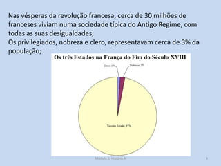 Nas vésperas da revolução francesa, cerca de 30 milhões de
franceses viviam numa sociedade típica do Antigo Regime, com
todas as suas desigualdades;
Os privilegiados, nobreza e clero, representavam cerca de 3% da
população;

Módulo 5, História A

3

 