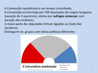 A Convenção republicana é um tempo conturbado;
A Convenção era formada por 760 deputados de origem burguesa
(exceção de 2 operários), eleitos por sufrágio universal, com
exceção das mulheres;
A maior parte dos deputados tinham ligações as Clube dos
Jacobinos;
Distinguem-se grupos com ideias políticas diferentes:

Módulo 5, História A

32

 