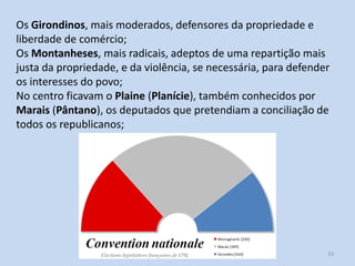 Os Girondinos, mais moderados, defensores da propriedade e
liberdade de comércio;
Os Montanheses, mais radicais, adeptos de uma repartição mais
justa da propriedade, e da violência, se necessária, para defender
os interesses do povo;
No centro ficavam o Plaine (Planície), também conhecidos por
Marais (Pântano), os deputados que pretendiam a conciliação de
todos os republicanos;

Módulo 5, História A

33

 