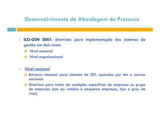 Desenvolvimento da Abordagem de Processo 
 ILO-OSH 2001: diretrizes para implementação dos sistemas de 
gestão em dois níveis 
 Nível nacional 
 Nível organizacional 
 Nível nacional 
 Estrutura nacional para sistemas de SST, apoiados por leis e normas 
nacionais 
 Diretrizes para tratar de condições específicas de empresas ou grupo 
de empresas (por ex: médias e pequenas empresas, tipo e grau de 
risco) 
 