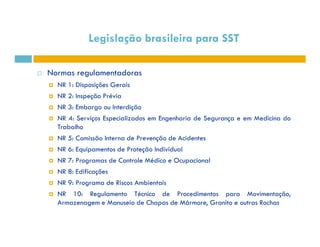 Legislação brasileira para SST 
 Normas regulamentadoras 
 NR 1: Disposições Gerais 
 NR 2: Inspeção Prévia 
 NR 3: Embargo ou Interdição 
 NR 4: Serviços Especializados em Engenharia de Segurança e em Medicina do 
TTrraabbaallhhoo 
 NR 5: Comissão Interna de Prevenção de Acidentes 
 NR 6: Equipamentos de Proteção Individual 
 NR 7: Programas de Controle Médico e Ocupacional 
 NR 8: Edificações 
 NR 9: Programa de Riscos Ambientais 
 NR 10: Regulamento Técnico de Procedimentos para Movimentação, 
Armazenagem e Manuseio de Chapas de Mármore, Granito e outras Rochas 
 