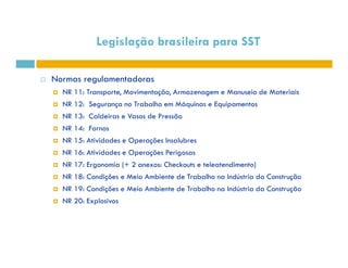 Legislação brasileira para SST 
 Normas regulamentadoras 
 NR 11: Transporte, Movimentação, Armazenagem e Manuseio de Materiais 
 NR 12: Segurança no Trabalho em Máquinas e Equipamentos 
 NR 13: Caldeiras e Vasos de Pressão 
 NR 14: Fornos 
 NR 15: Atividades e Operações Insalubres 
 NR 16: Atividades e Operações Perigosas 
 NR 17: Ergonomia (+ 2 anexos: Checkouts e teleatendimento) 
 NR 18: Condições e Meio Ambiente de Trabalho na Indústria da Construção 
 NR 19: Condições e Meio Ambiente de Trabalho na Indústria da Construção 
 NR 20: Explosivos 
 