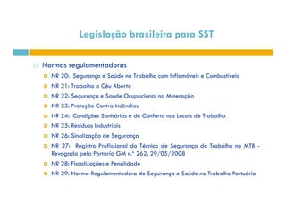 Legislação brasileira para SST 
 Normas regulamentadoras 
 NR 20: Segurança e Saúde no Trabalho com Inflamáveis e Combustíveis 
 NR 21: Trabalho a Céu Aberto 
 NR 22: Segurança e Saúde Ocupacional na Mineração 
 NR 23: Proteção Contra Incêndios 
 NR 24: Condições Sanitárias e de Conforto nos Locais de Trabalho 
 NR 25: Resíduos Industriais 
 NR 26: Sinalização de Segurança 
 NR 27: Registro Profissional do Técnico de Segurança do Trabalho no MTB - 
Revogada pela Portaria GM n.º 262, 29/05/2008 
 NR 28: Fiscalizações e Penalidade 
 NR 29: Norma Regulamentadora de Segurança e Saúde no Trabalho Portuário 
 