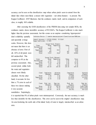 8
accuracy can be seen on the classification map where urban pixels seem to extend from the
inland lake where most likely a stream with vegetation – not urban features – is present. The
Kappa Coefficient .8587 illustrates that the confusion matrix itself, and its comparison of each
class, is roughly 86% reliable.
After assessing the SAM classification of the PRISM data using test sample ROIs, the
confusion matrix shows incredible accuracy of 99.5266%. The Kappa Coefficient is also much
higher than the previous assessment, but this comes as no surprise considering hyperspectral
data’s reliability spatially
and spectrally at large
scales. However, this does
not mean that there is an
absence of error. First of
all, .02% of all pixels were
left unclassified. This
compares to 0% in the
previous assessment. Also,
several pixels within both
the water and vegetation
classes were falsely
classified. On the other
hand, it accounts for less
than a .7% error in each of
these two classes making
it very accurate
nonetheless. Surprisingly,
it is reported that 0% of urban pixels were misinterpreted. Conversely, the user accuracy is much
less than desirable for this classification. This error can be seen in the original classification map.
An area bordering the north side of the inland body of water is largely misclassified as an urban
area.
 