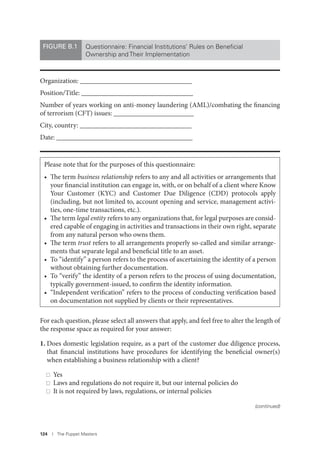 124 I The Puppet Masters
Organization: ________________________________
Position/Title: ________________________________
Number of years working on anti-money laundering (AML)/combating the financing
of terrorism (CFT) issues: _______________________
City, country: ________________________________
Date: _______________________________________
Please note that for the purposes of this questionnaire:
• The term business relationship refers to any and all activities or arrangements that
your financial institution can engage in, with, or on behalf of a client where Know
Your Customer (KYC) and Customer Due Diligence (CDD) protocols apply
(including, but not limited to, account opening and service, management activi-
ties, one-time transactions, etc.).
• The term legal entity refers to any organizations that, for legal purposes are consid-
ered capable of engaging in activities and transactions in their own right, separate
from any natural person who owns them.
• The term trust refers to all arrangements properly so-called and similar arrange-
ments that separate legal and beneficial title to an asset.
• To “identify” a person refers to the process of ascertaining the identity of a person
without obtaining further documentation.
• To “verify” the identity of a person refers to the process of using documentation,
typically government-issued, to confirm the identity information.
• “Independent verification” refers to the process of conducting verification based
on documentation not supplied by clients or their representatives.
For each question, please select all answers that apply, and feel free to alter the length of
the response space as required for your answer:
1. Does domestic legislation require, as a part of the customer due diligence process,
that financial institutions have procedures for identifying the beneficial owner(s)
when establishing a business relationship with a client?
Yes
Laws and regulations do not require it, but our internal policies do
It is not required by laws, regulations, or internal policies
FIGURE B.1 Questionnaire: Financial Institutions’ Rules on Beneﬁcial
Ownership and Their Implementation
(continued)
 