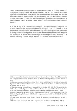 Grand Corruption: 10 Case Studies I 217
Teleco. He was sentenced to 24 months in prison and ordered to forfeit US$36,375.465
Diaz pleaded guilty in connection with concealing US$1,028,851 in bribes while serv-
ing as an intermediary for three private telecommunications companies, and was sen-
tenced to 57 months’ imprisonment and ordered to pay US$73,824 in restitution and to
forfeit US$1,028,851.466 Fourcand entered into a plea agreement pursuant to which he
agreed to forfeit US$18,500 to the United States467 and was sentenced to six months in
prison.468
As of end of July 2011, Esquenzi and Rodriguez’s trial was ongoing.469 Duperval and
Grandison’s trial was scheduled to commence on August 1, 2011.470 On July 13, 2011,
the United States also handed down a superseding indictment against new defendants,
including former director general of Haiti Teleco Patrick Joseph and other companies
and individuals, as well as additional charges against Duperval and Grandison.471 At
the time of writing, trial has not yet been set for the newly added defendants.472
465. Press Release, U.S. Department of Justice, “Former Comptroller of a Miami-Dade Telecommunica-
tions Company Sentenced to 24 Months in Prison for His Role in Foreign Bribery Scheme” (January 21,
2011).
466. Plea Agreement at 2, United States v. Diaz, No. 09-20346-Cr-JEM (April 21, 2010). Press Release, U.S.
Department of Justice, “Florida Businessman Sentenced to 57 Months in Prison for Role in Foreign Brib-
ery Scheme” (July 30, 2010).
467. Plea Agreement p. 8, United States v. Fourcand, No. 10-20062-cr-JEM (S.D. Fla. February 19, 2010).
468. Press Release, U.S. Department of Justice, “Former Haitian Government Official Sentenced to Prison
for His Role in Money Laundering Conspiracy Related to Foreign Bribery Scheme” (June 2, 2010).
469. Court Docket Report as of July 27, 2011, U.S. v. Esquenazi, et al, No. 1:09-cr-21010-JEM-4 (S.D. Fla.)
470. Order Regarding the Sequence of Trials, U.S. v. Esquenazi, et al, No. 1:09-cr-21010-JEM-4 (S.D. Fla.
May 27, 2011)
471. Superseding Indictment, U.S. v. Vaconez Cruz, et al., No. 1:09-cr-21010-JEM-4 (S.D. Fla. July 13,
2011).
472. Docket Report as of July 27, 2011, U.S. v. Esquenazi, et al, No. 1:09-cr-21010-JEM-4 (S.D. Fla.).
 