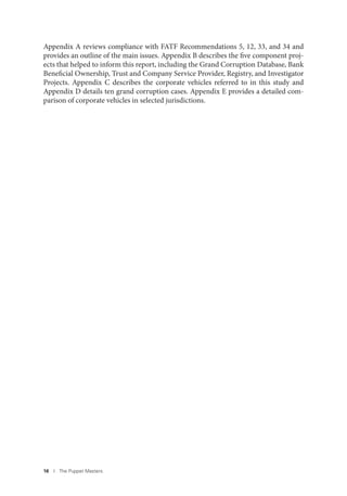 16 I The Puppet Masters
Appendix A reviews compliance with FATF Recommendations 5, 12, 33, and 34 and
provides an outline of the main issues. Appendix B describes the five component proj-
ects that helped to inform this report, including the Grand Corruption Database, Bank
Beneficial Ownership, Trust and Company Service Provider, Registry, and Investigator
Projects. Appendix C describes the corporate vehicles referred to in this study and
Appendix D details ten grand corruption cases. Appendix E provides a detailed com-
parison of corporate vehicles in selected jurisdictions.
 