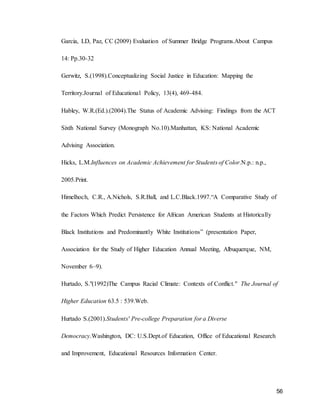56
Garcia, LD, Paz, CC (2009) Evaluation of Summer Bridge Programs.About Campus
14: Pp.30-32
Gerwitz, S.(1998).Conceptualizing Social Justice in Education: Mapping the
Territory.Journal of Educational Policy, 13(4), 469-484.
Habley, W.R.(Ed.).(2004).The Status of Academic Advising: Findings from the ACT
Sixth National Survey (Monograph No.10).Manhattan, KS: National Academic
Advising Association.
Hicks, L.M.Influences on Academic Achievement for Students of Color.N.p.: n.p.,
2005.Print.
Himelhoch, C.R., A.Nichols, S.R.Ball, and L.C.Black.1997.“A Comparative Study of
the Factors Which Predict Persistence for African American Students at Historically
Black Institutions and Predominantly White Institutions” (presentation Paper,
Association for the Study of Higher Education Annual Meeting, Albuquerque, NM,
November 6–9).
Hurtado, S."(1992)The Campus Racial Climate: Contexts of Conflict." The Journal of
Higher Education 63.5 : 539.Web.
Hurtado S.(2001).Students' Pre-college Preparation for a Diverse
Democracy.Washington, DC: U.S.Dept.of Education, Office of Educational Research
and Improvement, Educational Resources Information Center.
 