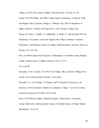 59
Aleman A.(1997) The Journal of Higher EducationVol.68, No.2 Pp.119-159
Nettles, M.T.(1987).Black and White College Student Performance in Majority White
and Majority Black Academic Settings.In J.Williams (Ed.) Title IV Regulation of
Higher Education: Problem and Progress.New York: Teachers College Press.
Nicpon, M., Huser, L., Blanks, E., Sollenberger, S., Befort, C., and S.Kurpius.2007.The
Relationship of Loneliness and Social Support with College Freshmen’s Academic
Performance and Persistence.Journal of College Student Retention: Research, Theory &
Practice, 8(3): 345-358.
Nora, A.(1990).Campus-based Programs as Determinants of Retention among Hispanic
College Students.Journal of Higher Education 61(3): 312-331
N.p., n.d.Web.
Pascarella, E.T.& Terenzini, P.T.(1991) How College Affects Students: Findings from
Twenty Years of Research.San Francisco: Jossey-Bass.
Pascarella, E.T., G.C.Wolniak, C.T.Pierson, and P.T.Terenzini."Experiences and
Outcomes of First-Generation Students in Community Colleges." Journal of College
Student Development 44.3 (2003): 420-29.Web.
Perna, L.W.(2002).Pre-college Outreach Programs: Characteristics of Programs
Serving Historically Underrepresented Groups of Students.Journal of College Student
Development, 43, 64–83.
 
