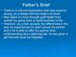 Father’s Grief There is a cultural expectation that men must be  strong, so a deeply-felt loss might not show Men seem to move through grief faster than women by going back to work/business of life However, as a man accepts the differences in the  way he experiences his grief versus his partner and if he is able to offer his partner time, understanding and a listening ear, he has given a gift that will never be forgotten 