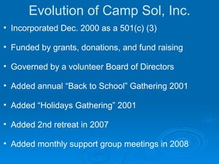 Evolution of Camp Sol, Inc. Incorporated Dec. 2000 as a 501(c) (3)  Funded by grants, donations, and fund raising Governed by a volunteer Board of Directors Added annual “Back to School” Gathering 2001 Added “Holidays Gathering” 2001 Added 2nd retreat in 2007 Added monthly support group meetings in 2008 