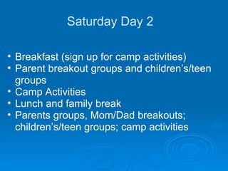 Saturday Day 2 Breakfast (sign up for camp activities) Parent breakout groups and   children’s/teen groups Camp Activities Lunch and family break Parents groups, Mom/Dad breakouts; children’s/teen groups; camp activities 