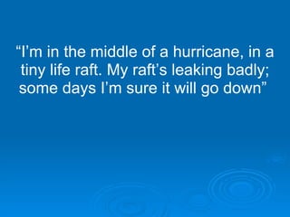 “ I’m in the middle of a hurricane, in a tiny life raft. My raft’s leaking badly; some days I’m sure it will go down”  