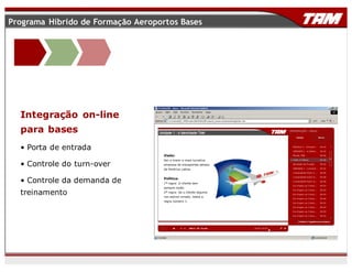 Integração on-line
para bases
• Porta de entrada
• Controle do turn-over
• Controle da demanda de
treinamento
Programa Híbrido de Formação Aeroportos Bases
 