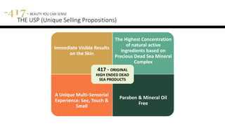 Immediate Visible Results
on the Skin
The Highest Concentration
of natural active
ingredients based on
Precious Dead Sea Mineral
Complex
A Unique Multi-Sensorial
Experience: See, Touch &
Smell
Paraben & Mineral Oil
Free
417 - ORIGINAL
HIGH ENDED DEAD
SEA PRODUCTS
417 - BEAUTY YOU CAN SENSE
THE USP (Unique Selling Propositions)
 