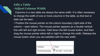 Edit a Table
• AutoFit is a feature that will automatically adjust
the column width to accommodate the widest text
entry i...