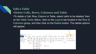 Format a Table
AutoFormat has numerous table formats that may be applied to your
table. These different Table Styles may a...