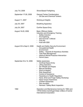 July 7-8, 2008 Shore-Based Firefighting
September 17-26, 2008 General Tanker Familiarization
- Oil Gas and Chemical Tankers
August 11, 2007 Working at Heights
July 30, 2007 Breathing Apparatus
July 24, 2007 Confine Space Entry
August 18-20, 2006 Basic Offshore Safety
Induction and Emergency Training
- Safety Induction
- Fire Fighthing
- Sea Survival / Lifeboat
- First Aid
- Huet with EBS
August 30 to Sept 2, 2006 Health and Safety Security Environment
- Occupational Health
- Environment
- Safety – Hazards & Hazardous Activities
- Task Risk Management
- Hearts & Minds-Proactive Intervention
- Permit Users
September 8 to 12, 2006 Safety awareness
- Confined Space Entry
- Lifting Operation
- Gin Wheels and Ropes
- Manual Handling
- Work at Heights
- Risk Assestment
- Control of Substance
- Hazardous to Health Regulation.
- Hand, Wrist and Finger Safety Workshop
- Hand Torque Awareness
- COSHH Awareness
- Zero Accident
- Harness / Safety Block Inspection
1992 Operation and Maintenance training for 19EA and
17PA4 KAAU Centrifugal Water chillers of Carrier
International Corporation
 