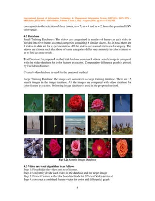 International Journal of Information Technology & Management Information System (IJITMIS), ISSN 0976 –
6405(Print), ISSN 0976 – 6413(Online), Volume 5, Issue 2, May - August (2014), pp. 01-14 © IAEME
8
corresponds to the selection of three colors, m = 7; m = 4 and m = 2, from the quantized HSV
color space.
4.2 Database
Small Training Databases: The videos are categorized in number of frames as each video is
divided into five frames assorted categories containing 8 similar videos. So, in total there are
8 videos in data set for experimentation. All the videos are normalized in each category. The
videos are chosen such that those of same categories differ very minutely in color content so
as to find accurate result.
Test Database: In proposed method test database contains 8 videos .search image is compared
with the video database for color feature extraction. Comparative difference graph is plotted
by Euclidean distance.
Created video database is used for the proposed method.
Large Training Database: the images are considered as large training database. There are 15
search images in the image database. All the images are compared with video database for
color feature extraction. Following image database is used in the proposed method.
Fig 4.2: Sample Image Database
4.3 Video retrieval algorithm is as follows
Step 1: First divide the video into no of frames.
Step 2: Uniformly divide each video in the database and the target image
Step 3: Extract Feature with color based methods for Efficient Video retrieval
Step 4: construct a combined feature vector for color and differential graph
 