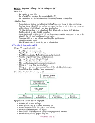 www.tinhvi.com - 17
Khảo sát: Thực hiện chiến dịch PR cho trường Đại học X
- Mục đích:
Để gia tăng sự nhận thức.
Để hiểu và hỗ trợ sứ mệnh, tầm nhìn của Đại học X.
Để cải tiến lược sử (profile) của trường với giới truyền thông và cộng đồng.
- Các hoạt động:
Cung cấp thông tin tổng quát về trường Đại học X cho công chúng và thành viên trường.
Kết hợp các sự kiện chính của trường, đẩy mạnh việc tham sự các sự kiện của trường và
những phương tiện để đến với cộng đồng rộng lớn hơn.
Tổ chức các hoạt động và sự kiện cho gia đình và học sinh vào những dịp lễ kỷ niệm.
Kết hợp các bài xã luận, thiết kế, hình chụp.
Cung cấp các dịch vụ khác cho tờ rơi, bản tin newsletters, quảng cáo, posters và các dự án
cần thiết cho việc truyền bá thông điệp của trường.
Soạn thảo, thiết kế và sản xuất các xuất bản phẩm (publications).
Chụp hình và quay phim.
Lập kế hoạch, quản trị và thúc đẩy các sự kiện đặc biệt.
4) Tìm hiểu về công ty dịch vụ PR:
Công ty PR cung cấp các dịch vụ sau:
Hoạt động tư vấn (consultants).
Lập, thực hiện kế hoạch truyền thông.
Hoạt động nghiên cứu, đánh giá (research and evaluation).
Quan hệ với giới truyền thông (media relations).
Sự công khai với quần chúng (publicity).
Mối quan hệ nhân viên (employee relations).
Mối quan hệ cộng đồng (communication relations).
Những sự vụ cộng đồng (public affairs).
Những sự vụ nhà nước (government affairs): lobby (vận động hành lang)...
Quản lý hoạt động phát hành (issue management).
Tham khảo: Sơ đồ tổ chức của công ty PR
Nguyên tắc 6P khi làm việc với công ty PR:
Purpose: biết rõ mình muốn gì.
Proof: yêu cầu công ty PR chứng minh năng lực.
People: xem xét chuyên môn, gặp gỡ nhân viên PR.
Practical: đề ra những mục tiêu thực tế.
Professional: có thái độ chuyên nghiệp, tôn trọng (respect) lẫn nhau.
Partner: hỗ trợ, đối tác, giúp đỡ nhiệt tình.
 