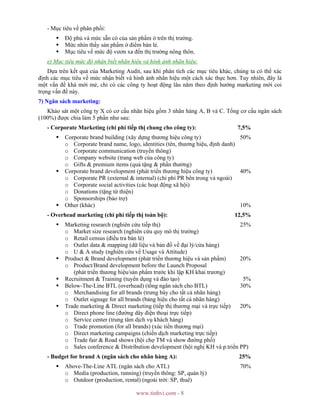 www.tinhvi.com - 8
- Mục tiêu về phân phối:
Độ phủ và mức sẵn có của sản phẩm ở trên thị trường.
Mức nhìn thấy sản phẩm ở điểm bán lẻ.
Mục tiêu về mức độ vươn xa đến thị trường nông thôn.
e) Mục tiêu mức độ nhận biết nhãn hiệu và hình ảnh nhãn hiệu:
Dựa trên kết quả của Marketing Audit, sau khi phân tích các mục tiêu khác, chúng ta có thể xác
định các mục tiêu về mức nhận biết và hình ảnh nhãn hiệu một cách xác thực hơn. Tuy nhiên, đây là
một vấn đề khá mới mẻ, chỉ có các công ty hoạt động lâu năm theo định hướng marketing mới coi
trọng vấn đề này.
7) Ngân sách marketing:
Khảo sát một công ty X có cơ cấu nhãn hiệu gồm 3 nhãn hàng A, B và C. Tổng cơ cấu ngân sách
(100%) được chia làm 5 phần như sau:
- Corporate Marketing (chi phí tiếp thị chung cho công ty): 7,5%
Corporate brand building (xây dựng thương hiệu công ty) 50%
o Corporate brand name, logo, identities (tên, thương hiệu, định danh)
o Corporate communication (truyền thông)
o Company website (trang web của công ty)
o Gifts & premium items (quà tặng & phần thưởng)
Corporate brand development (phát triển thương hiệu công ty) 40%
o Corporate PR (external & internal) (chi phí PR bên trong và ngoài)
o Corporate social activities (các hoạt động xã hội)
o Donations (tặng từ thiện)
o Sponsorships (bảo trợ)
Other (khác) 10%
- Overhead marketing (chi phí tiếp thị toàn bộ): 12,5%
Marketing research (nghiên cứu tiếp thị) 25%
o Market size research (nghiên cứu quy mô thị trường)
o Retail census (điều tra bán lẻ)
o Outlet data & mapping (dữ liệu và bản đồ về đại lý/cửa hàng)
o U & A study (nghiên cứu về Usage và Attitude)
Product & Brand development (phát triển thương hiệu và sản phẩm) 20%
o Product/Brand development before the Launch Proposal
(phát triển thương hiệu/sản phẩm trước khi lập KH khai trương)
Recruitment & Training (tuyển dụng và đào tạo) 5%
Below-The-Line BTL (overhead) (tổng ngân sách cho BTL) 30%
o Merchandising for all brands (trưng bày cho tất cả nhãn hàng)
o Outlet signage for all brands (bảng hiệu cho tất cả nhãn hàng)
Trade marketing & Direct marketing (tiếp thị thương mại và trực tiếp) 20%
o Direct phone line (đường dây điện thoại trực tiếp)
o Service center (trung tâm dịch vụ khách hàng)
o Trade promotion (for all brands) (xúc tiến thương mại)
o Direct marketing campaigns (chiến dịch marketing trực tiếp)
o Trade fair & Road shows (hội chợ TM và show đường phố)
o Sales conference & Distribution development (hội nghị KH và p.triển PP)
- Budget for brand A (ngân sách cho nhãn hàng A): 25%
Above-The-Line ATL (ngân sách cho ATL) 70%
o Media (production, running) (truyền thông: SP, quản lý)
o Outdoor (production, rental) (ngoài trời: SP, thuê)
 