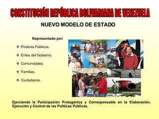 NUEVO MODELO DE ESTADO Representado por: Poderes Públicos.  Entes del Gobierno. Comunidades. Familias. Ciudadanos. Ejerciendo la Participación Protagónica y Corresponsable en la Elaboración, Ejecución y Control de las Políticas Públicas. CONSTITUCIÓN REPÚBLICA BOLIVARIANA DE VENEZUELA 