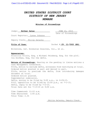 UNITED STATES DISTRICT COURT
DISTRICT OF NEW JERSEY
NEWARK
Minutes of Proceedings
Judge: Esther Salas JUNE 22, 2015
Date of Proceedings
Court Reporter: Lynne Johnson
Deputy Clerk: Philip Selecky
Title of Case: Docket # CV. 11-7263 (ES)
Wilkstone, LLC. Hindustan Granites, Inc., et al.
Appearances:
Priscilla Triolo, Esq, & Michael Feinberg, Esq, for the pltf.
Ira Dorfman, Esq, for the defts.
Nature of Proceedings: Hearing on the pending in limine motions &
Case Management Conference.
Pltfs, motion to exclude defts, witnesses from testifying at trial.
Ordered motion granted in part and denied in part.
Pltfs, motion to preclude the defts, from introducing damages
document at trial.
Ordered motion granted.
Supplemental submission.
Defts, moving to be filed by 9:00 a.m., on 6-29-15.
Pltf, opposition to be filed by 12:00 p.m., on 7-1-15.
Defts, reply to be filed by 7-2-15.
Trial Date set for 7-13-15 at 9:00 a.m.
Time Commenced: 11:10 a.m.
Time Adjourned: 1:45 p.m.
Total Time: 2.35
Philip Selecky, Deputy Clerk
Case 2:11-cv-07263-ES-JAD Document 53 Filed 06/22/15 Page 1 of 1 PageID: 672
 