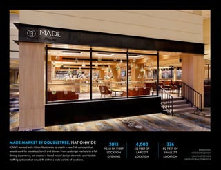 BRANDING
INTERIOR DESIGN
LIGHTING DESIGN
OPERATIONAL STRATEGY
MADE MARKET BY DOUBLETREE, NATIONWIDE
ICRAVE worked with Hilton Worldwide to create a new F&B concept that
would work for breakfast, lunch and dinner. From grab’n’go markets to a full
dining experience, we created a tiered mix of design elements and flexible
staffing options that would fit within a wide variety of locations.
2013
YEAR OF FIRST
LOCATION
OPENING
4,000
SQ FEET OF
LARGEST
LOCATION
336
SQ FEET OF
SMALLEST
LOCATION
 