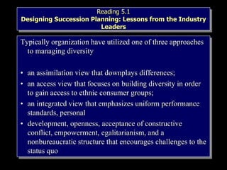 Reading 5.1
Designing Succession Planning: Lessons from the Industry
Leaders
Typically organization have utilized one of three approaches
to managing diversity
• an assimilation view that downplays differences;
• an access view that focuses on building diversity in order
to gain access to ethnic consumer groups;
• an integrated view that emphasizes uniform performance
standards, personal
• development, openness, acceptance of constructive
conflict, empowerment, egalitarianism, and a
nonbureaucratic structure that encourages challenges to the
status quo
 