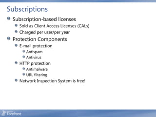 Subscriptions
 Subscription-based licenses
    Sold as Client Access Licenses (CALs)
    Charged per user/per year
 Protection Components
    E-mail protection
       Antispam
       Antivirus
    HTTP protection
       Antimalware
       URL filtering
    Network Inspection System is free!
 