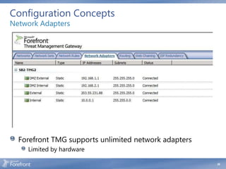 Configuration Concepts
Network Adapters




  Forefront TMG supports unlimited network adapters
    Limited by hardware

                                                      26
 