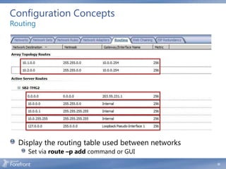 Configuration Concepts
Routing




  Display the routing table used between networks
    Set via route –p add command or GUI
                                                    33
 