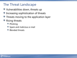 The Threat Landscape
 Vulnerabilities down, threats up
 Increasing sophistication of threats
 Threats moving to the application layer
 Rising threats
   Phishing
   Spam and malicious e-mail
   Blended threats
 